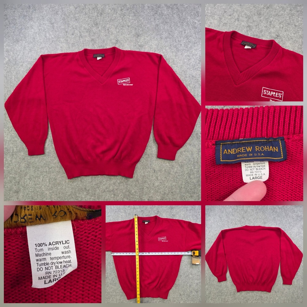 VTG Staples Sweater Mens Large Red Acrylic V Neck Knit USA Andrew Rohan